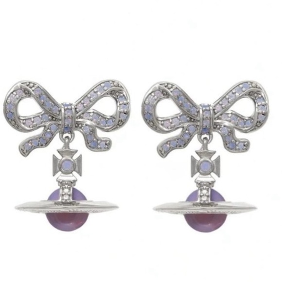 silver tone signature Orb Drop of crystal Bow small earrings - Picture 2 of 10